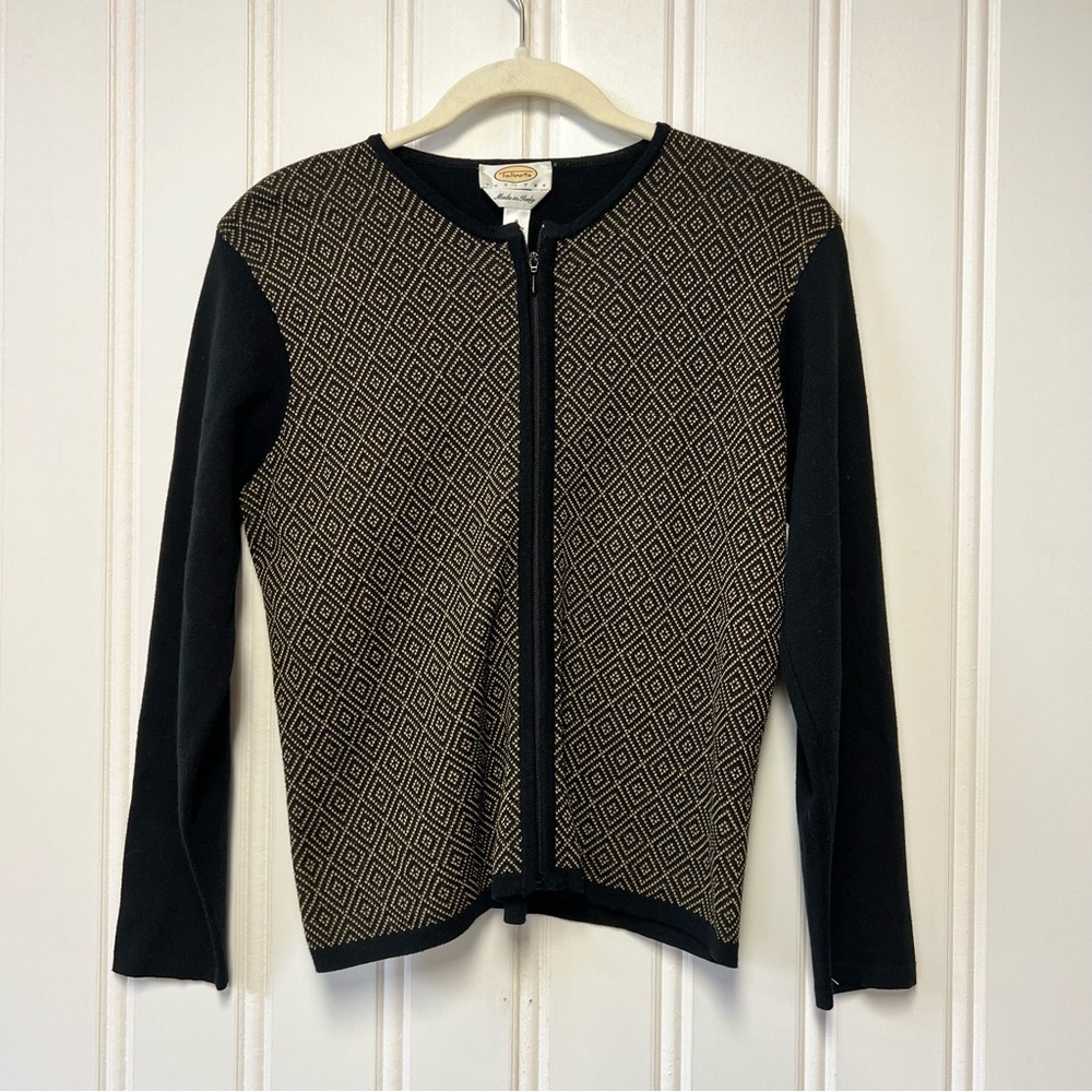 Talbots Petites Zip Front Sweater Jacket P Made in Italy Wool Blend Black Tan